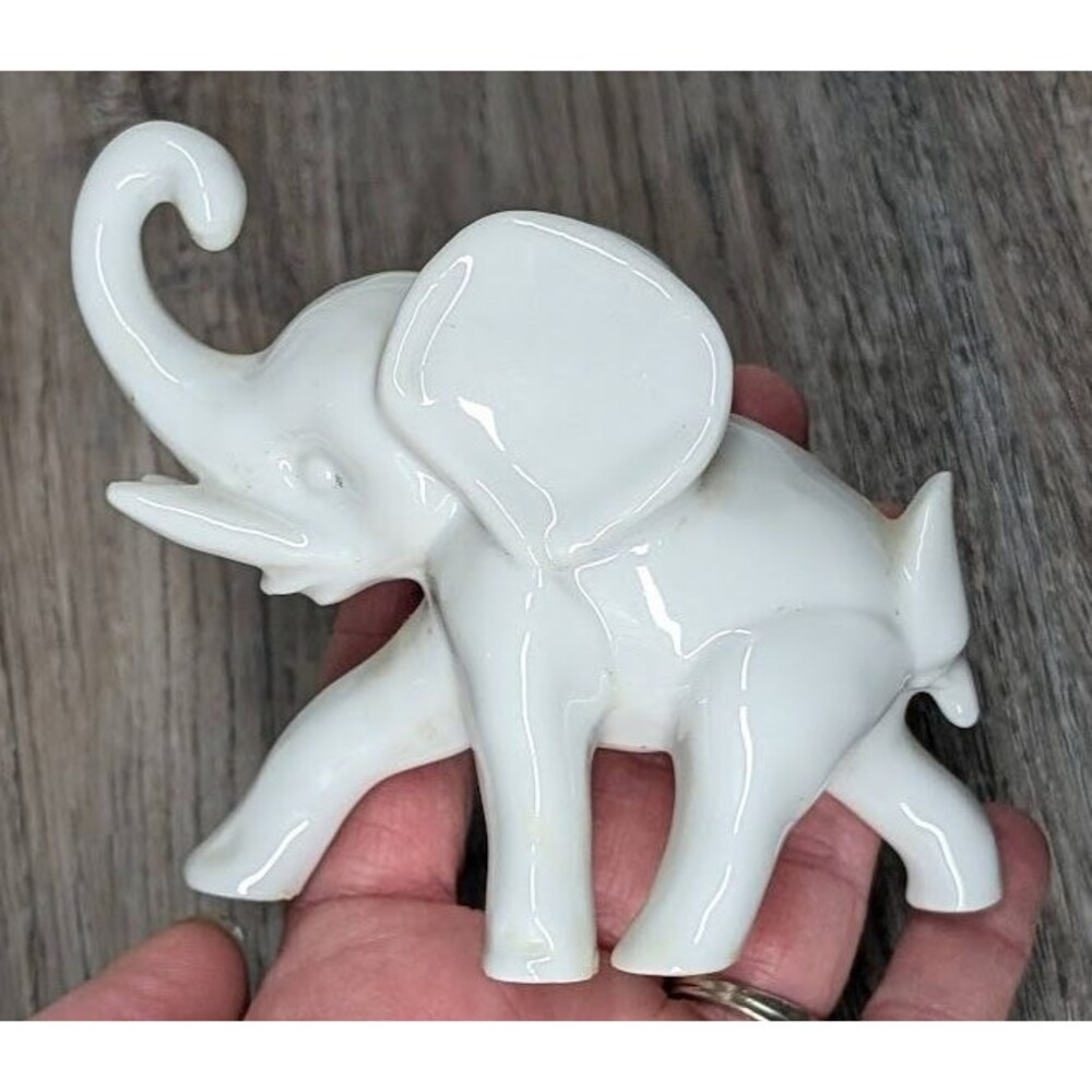 White China Elephant Figurine Vintage Porcelain Ceramic Made In Japan Trunk Up